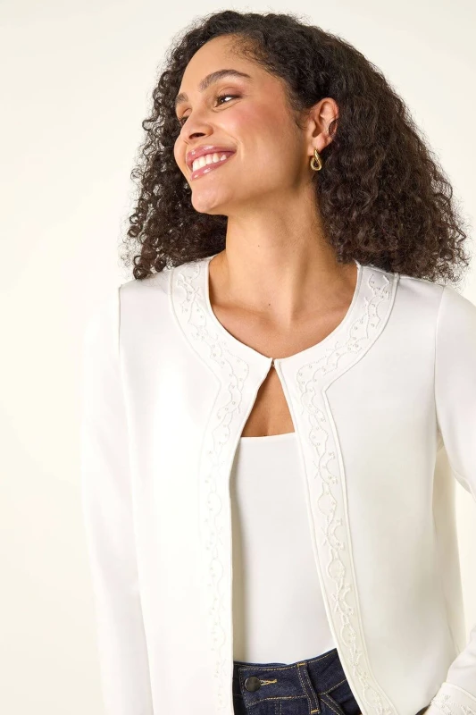 Image of Roman Womens Beaded Trim Open Jacket in Ivory Size: 18 Ivory Female 18