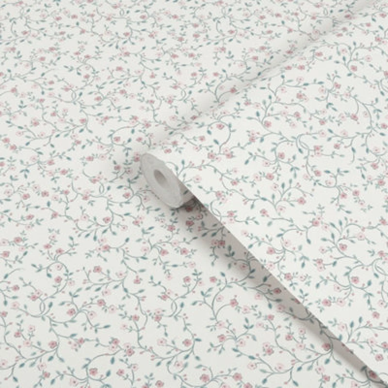 Image of Laura Ashley White, Duck Egg & Pink Blencow Sprig Smooth Wallpaper