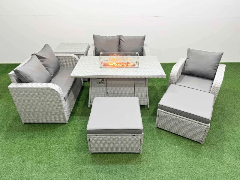 Image of Fimous High Back Poly Rattan Garden Furniture Set with Reclining Chair Loveseat Sofa Firepit Dining Table Indoor Outdoor Patio Set 2 Big Stool Side T