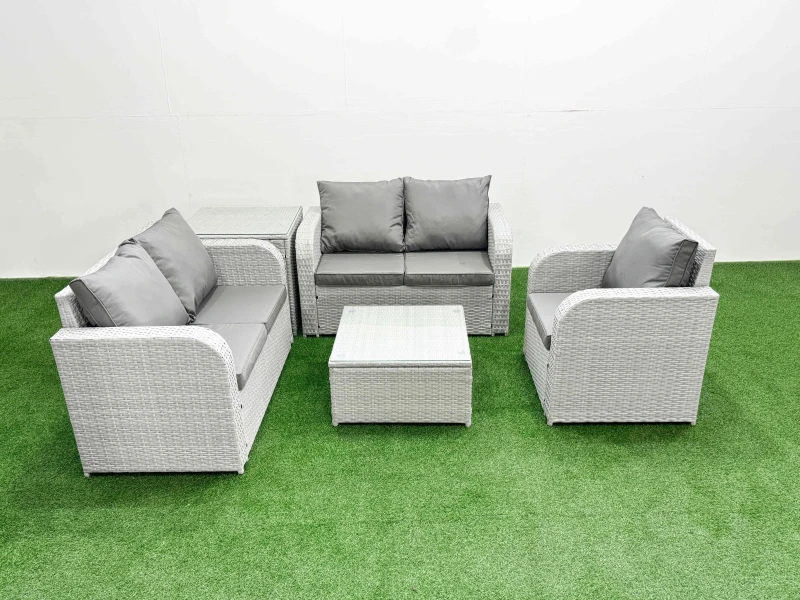 Image of Fimous High Back Poly Rattan Garden Furniture Set with Reclining Chair Loveseat Sofa Square Coffee Table Indoor Outdoor Patio Set Side Table Light Gr