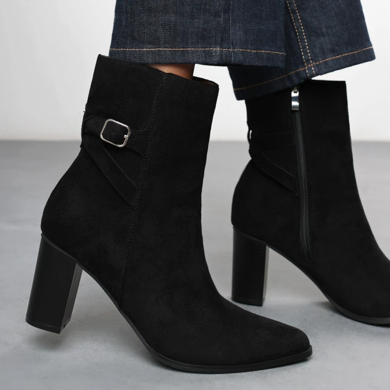Image of Wheres That From Wheres Block Heel Boot with Buckle Detail Black Suede female 8 (41)