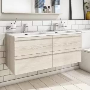 Image of 1200mm Light Wood Effect Wall Hung Double Vanity Unit with Basins - Boston
