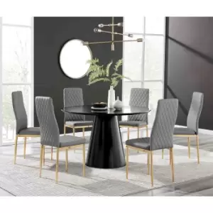 Image of Furniture Box Palma Black Semi Gloss Round Dining Table and 6 Grey Milan Gold Leg Chairs