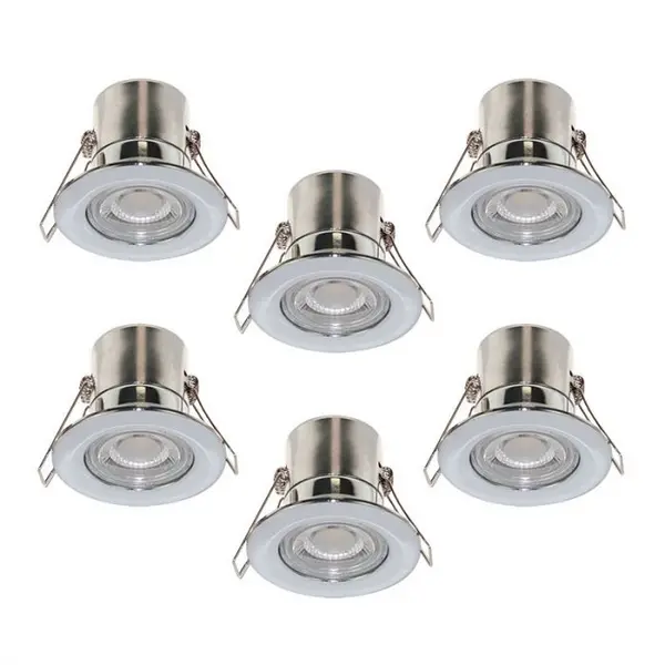 image of Luceco F-Eco 5W Warm White Dimmable LED Fire Rated Fixed Downlight - Polished Chrome - Pack of 6