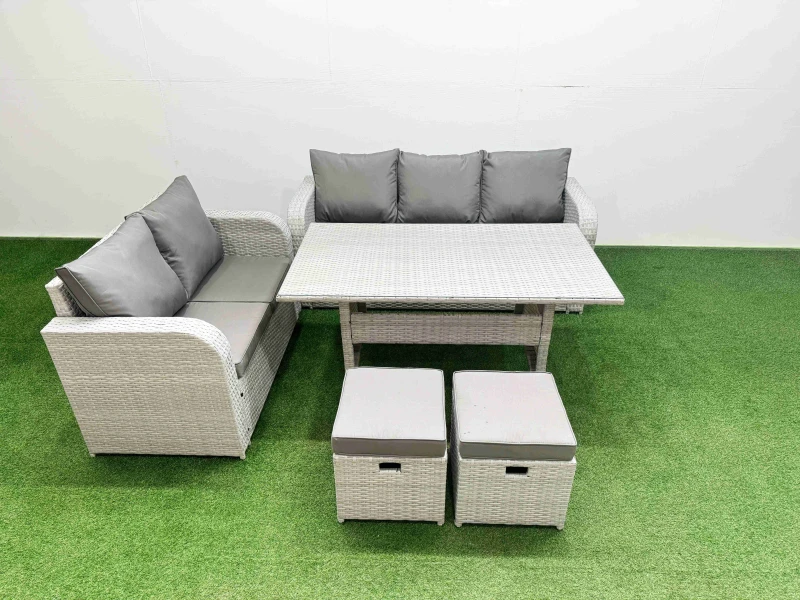 Image of Fimous 7 Seater PE Rattan Wicker Garden Furniture Patio Conservatory Sofa Set with Rectangular Dining Table 3 Seater Sofa Love Sofa 2 Stools Light Gre