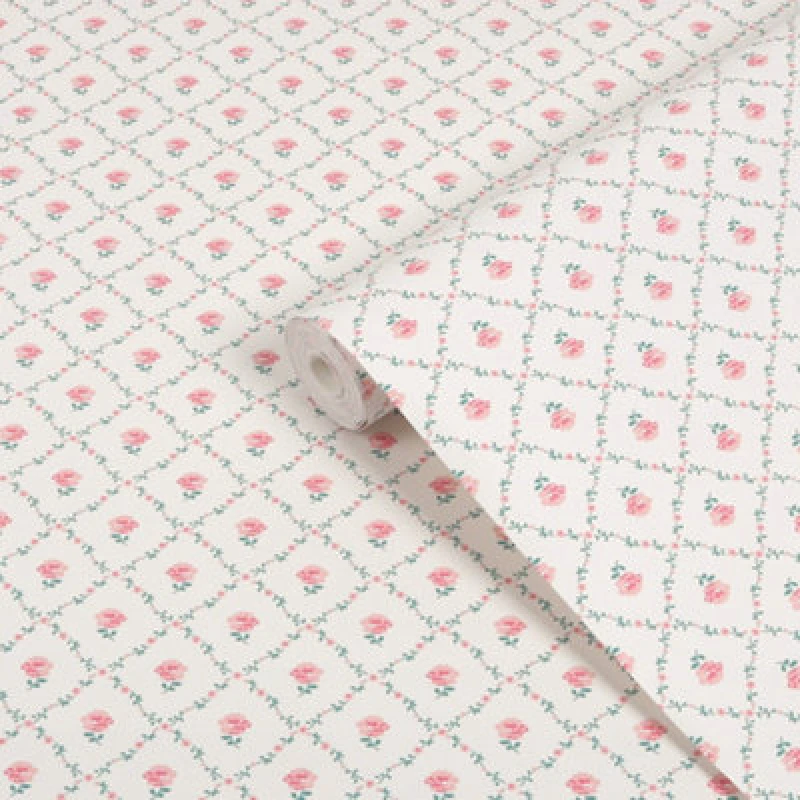Image of Laura Ashley White & Coral Pink Kate Smooth Wallpaper