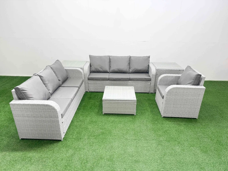 Image of Fimous 7 Seater Poly Rattan Outdoor Garden Furniture Square Coffee Table Sofa Set Patio 3 Seater Sofa Reclining Chair 3 Seater Sofa 2 Side Table Light
