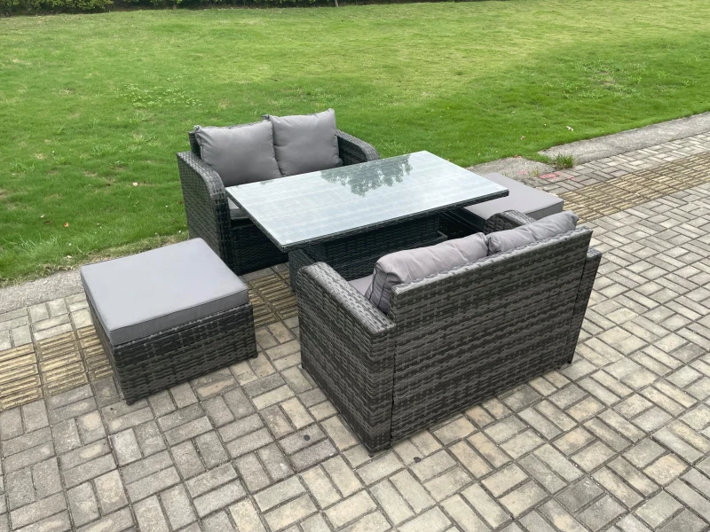 Image of Fimous Outdoor Rattan Furniture Garden Dining Set Height Adjustable Rising lifting Table Love Sofa Set Dark Grey