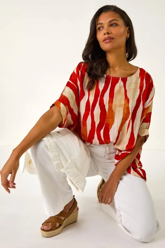 Image of Roman Womens Abstract Buttoned Top in Red Size: 16 Red Female 16