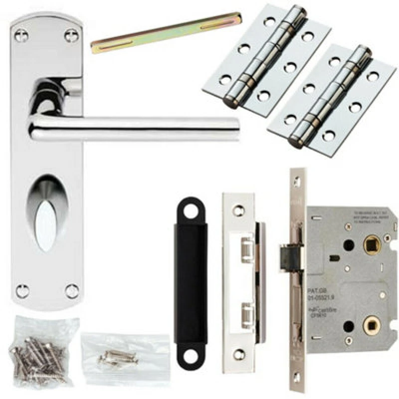 Image of Loops Door Handle & Bathroom Lock Pack Chrome Slim Straight Arm Thumb Turn Backplate Multi