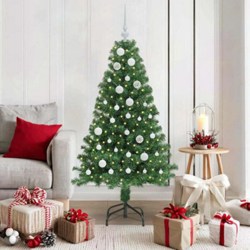 Image of vidaXL Artificial Christmas Tree with 150 LEDs, White Balls with Stand Green 150 cm, Green 3396903