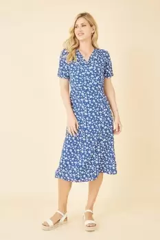 Image of Blue Ditsy Print Wrap Over Dress
