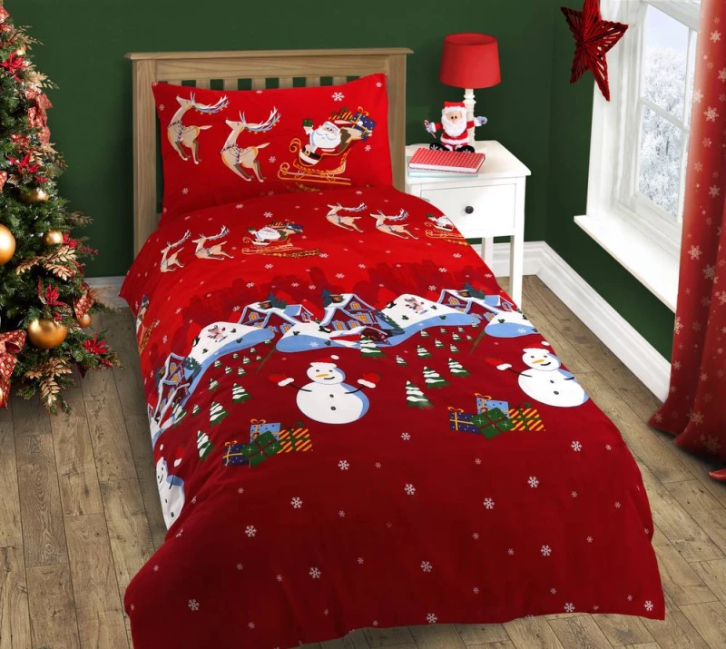Image of Velosso Santa & Friends Cotton Rich Printed Duvet Cover & Pillowcase Set in Red Size: Single Red Unisex Single