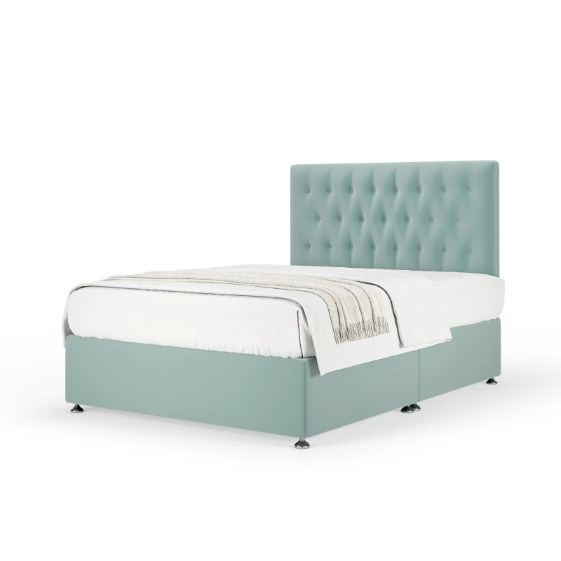 Image of Bedmaster Bedmaster Plush Velvet Divan Base And Button Headboard in Duck Egg Blue Size: Super King Duck Egg Blue Super King Unisex 7867871203069