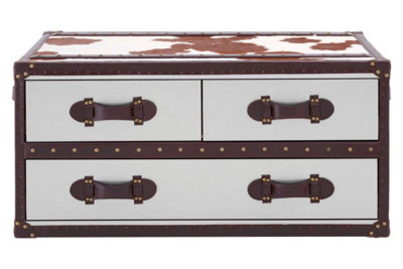 Image of Orsina Brown And White Genuine Cowhide Coffee Table,rectangular Table With 3 Aluminium Plated Drawers,center Table