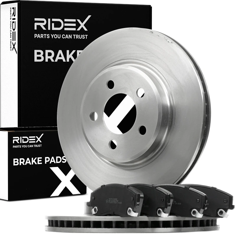 Image of RIDEX 3405B1622 Brake disc and pads set Front Axle, Brake Disc Type: Vented, with acoustic wear warning Brake Set,disc brakes (3405)
