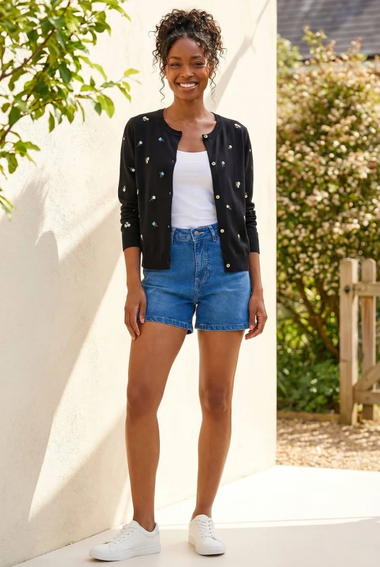 Image of Roman Womens Floral Embroidered Knit Cardigan in Black Size: 10 Black Female 10