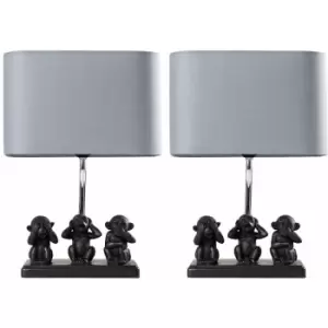 image of 2 x Black Three Wise Monkeys Table Lamps Grey Shade - No Bulb