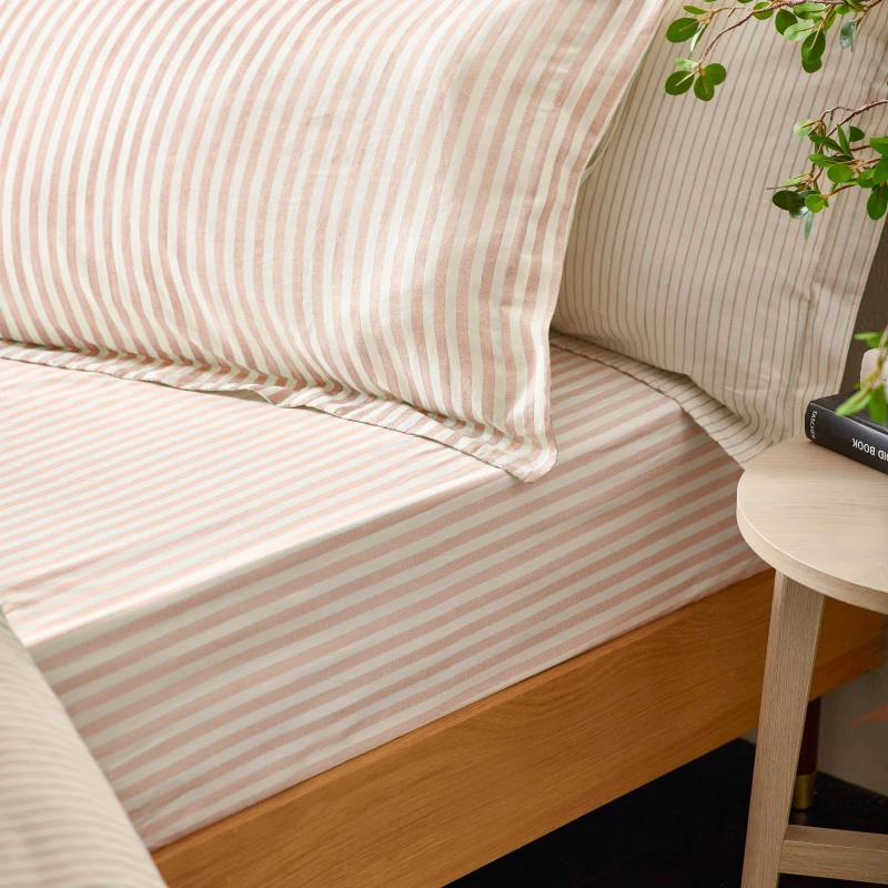 Image of Yard Hebden Striped 100% Cotton Fitted Sheet in Baby Pink Size: Single Fitted Baby Pink Unisex Single Fitted