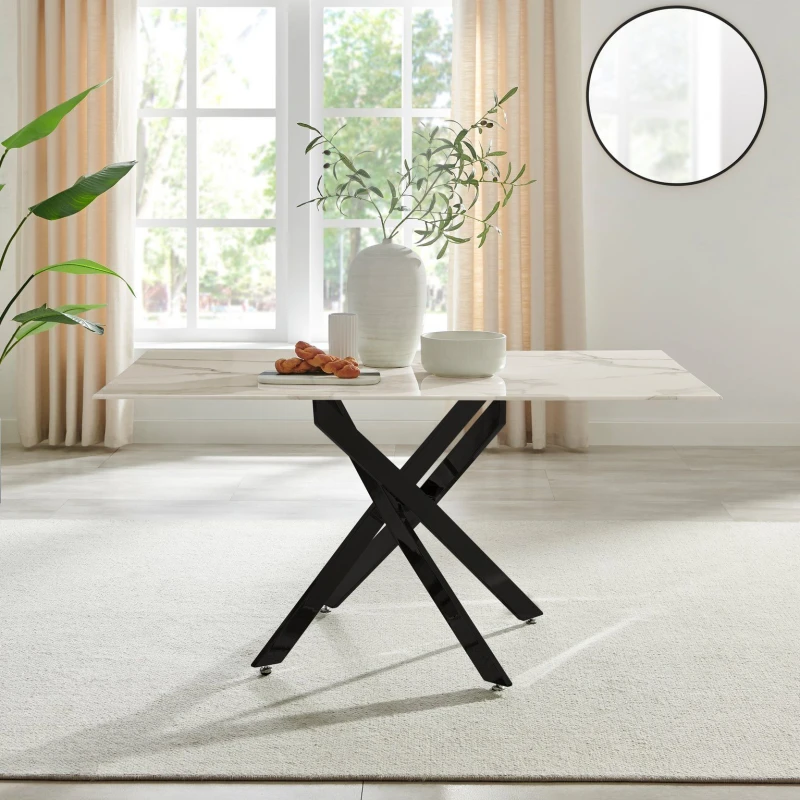 Image of FurnitureboxUK FurnitureboxUK Leonardo 6-Seater Dining Table With Marble Effect Glass Top And Black Metal Legs in White White One Size Unisex 50565426