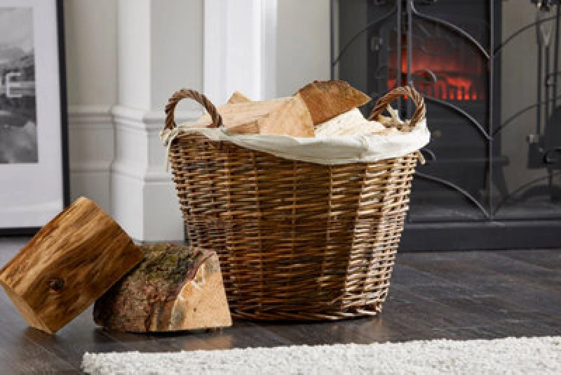 Image of Highlands Rustic Large Round Brown Linen Wicker Fireside Log Basket With Removable Jute Liner & Ties Laundry Toys Logs