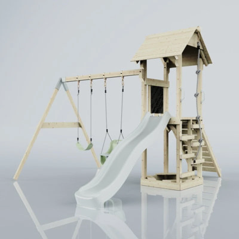 Image of OutdoorToys PolarPlay Tower Kids Wooden Climbing Frame for Kids - Swing Olavo Mist in Beige Beige Unisex