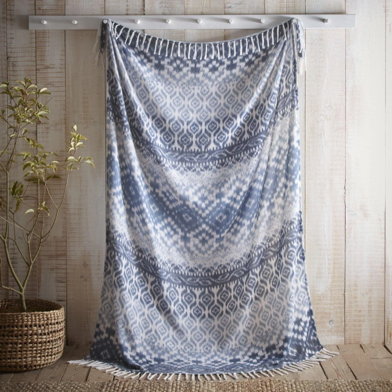 Image of Appletree 'Sakari' Banded Tassled Bedspread Blue