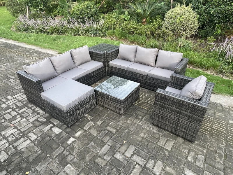 Image of Fimous Rattan Garden Furniture Sofa Set with Armchair Side Table Square Coffee Table Big Footstool Indoor Side Table Outdoor Dark Grey