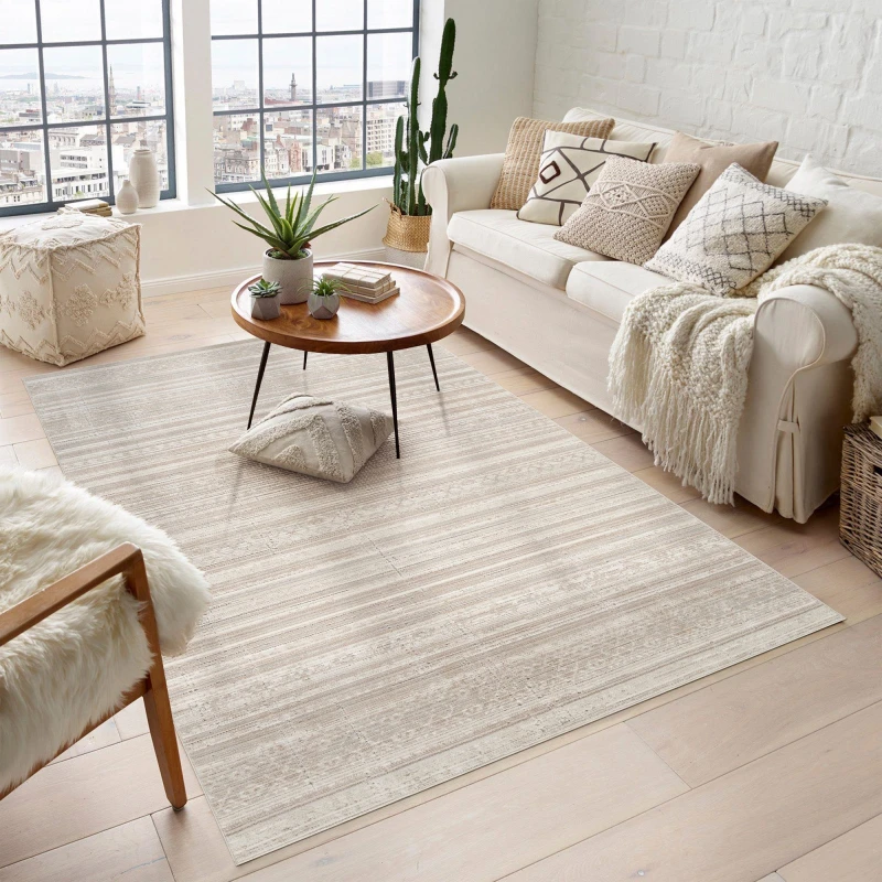 Image of Maia Washable Low Pile Non Slip Motif Traditional Area Rug - Beige, 120 X 180 Cm (Rectangular)
