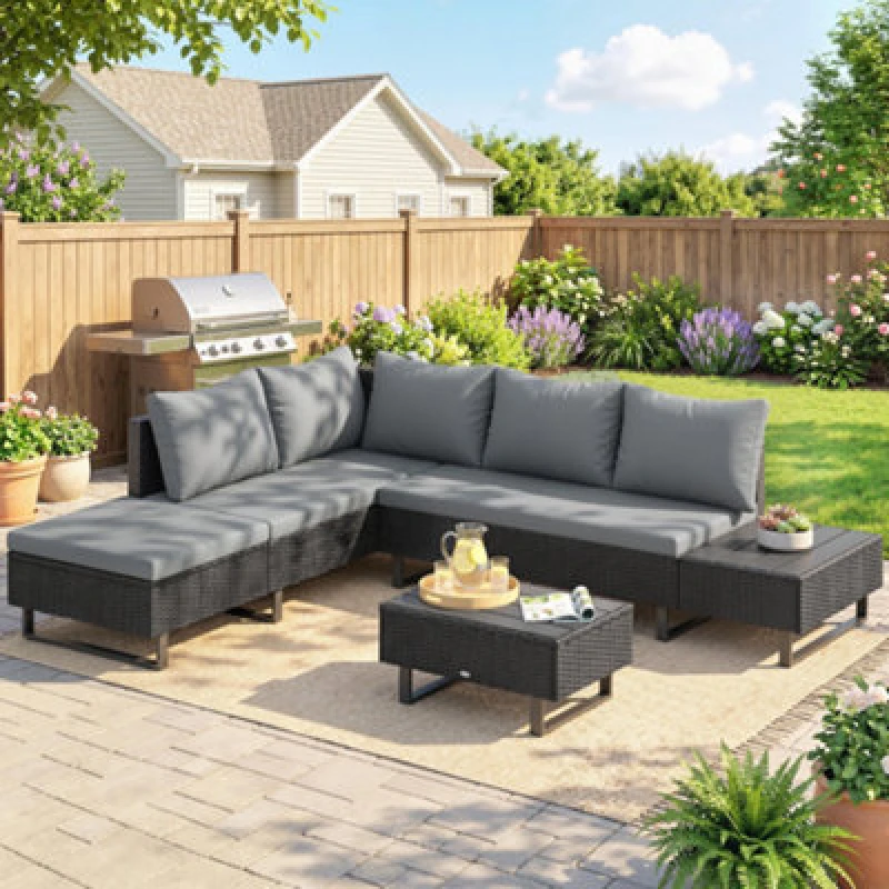 Image of Outsunny 5 Seater Rattan Garden Furniture Set, Adjustable Back, Dark Grey