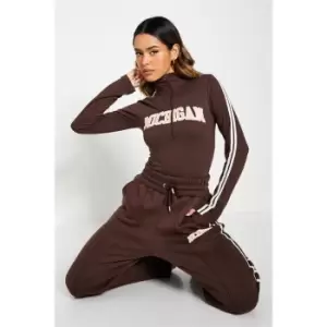 image of I Saw It First Michigan Graphic Stripe Half Zip Bodysuit - Brown