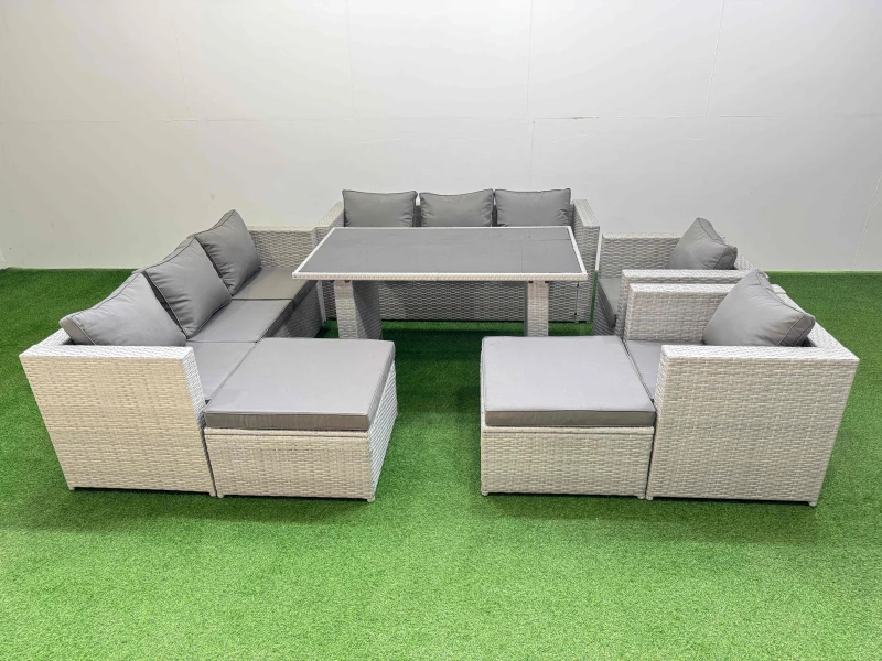 Image of Fimous 10 Seater Outdoor Dining Table 3 Seater Sofa Set with 2 Big Stools in Light Grey Light Grey Unisex