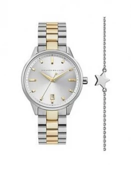 Image of Amanda Walker Silver And Gold Detail Date Dial Two Tone Stainless Steel Bracelet Ladies Watch And Star Bracelet Gift Set