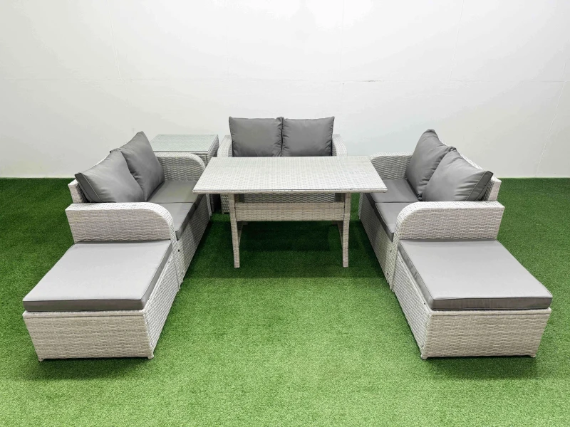 Image of Fimous 8 Seater PE Wicker Rattan Furniture Sofa Sets with Rectangular Dining Table 2 Seater Love Sofa 2 Big Footstool Side Table Light Grey Light Grey