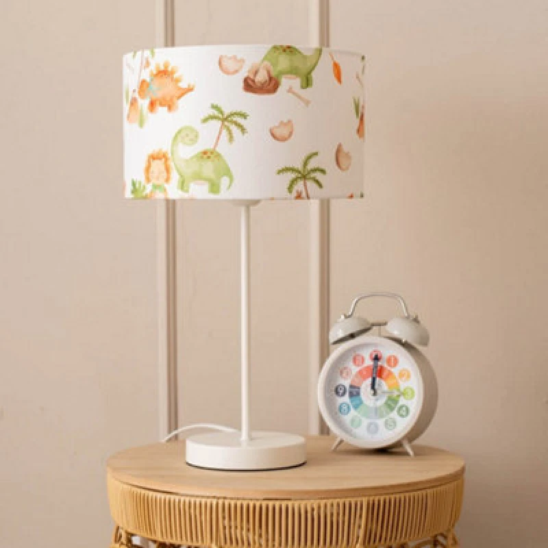 Image of ValueLights ValueLights Charlie White Metal Single Stem Table Lamp with Dinosaur Lamp Shade Multi One Size Unisex 5059406043819