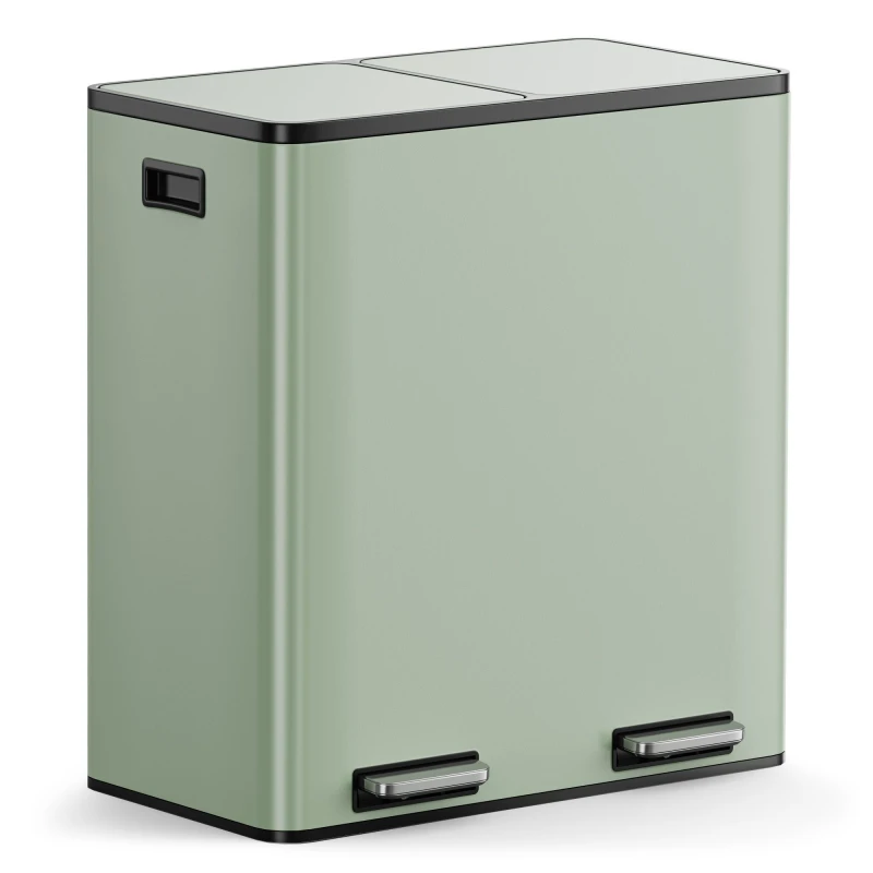 Image of Vonhaus Green 60L Waste & Recycling Kitchen Bin, 2 X 30L Compartment Stainless Steel Pedal Bin W/ Non Slip Base, Removable In-Bins