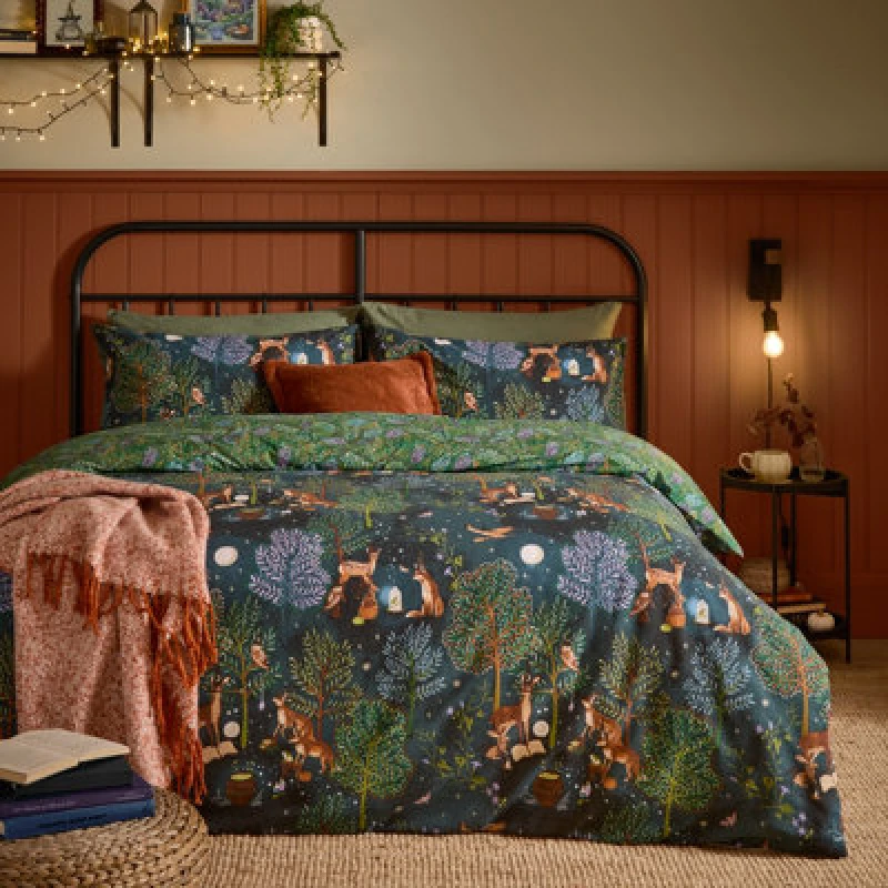 Image of furn. Furn Woodland Ritual Reversible Duvet Cover Set, Navy, Super King