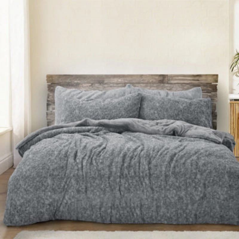 Image of Velosso Teddy Fleece Duvet Cover & Pillowcase Set, Luxurious Look & Warm Bedding, Machine Washable Bedroom Decor - Charcoal