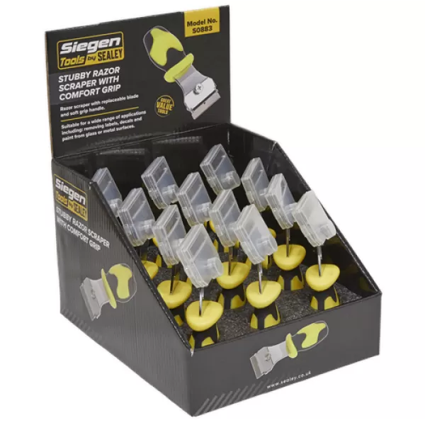 Image of Genuine SEALEY S0883 Razor Scraper with Comfort Grip Stubby Display Box of 12