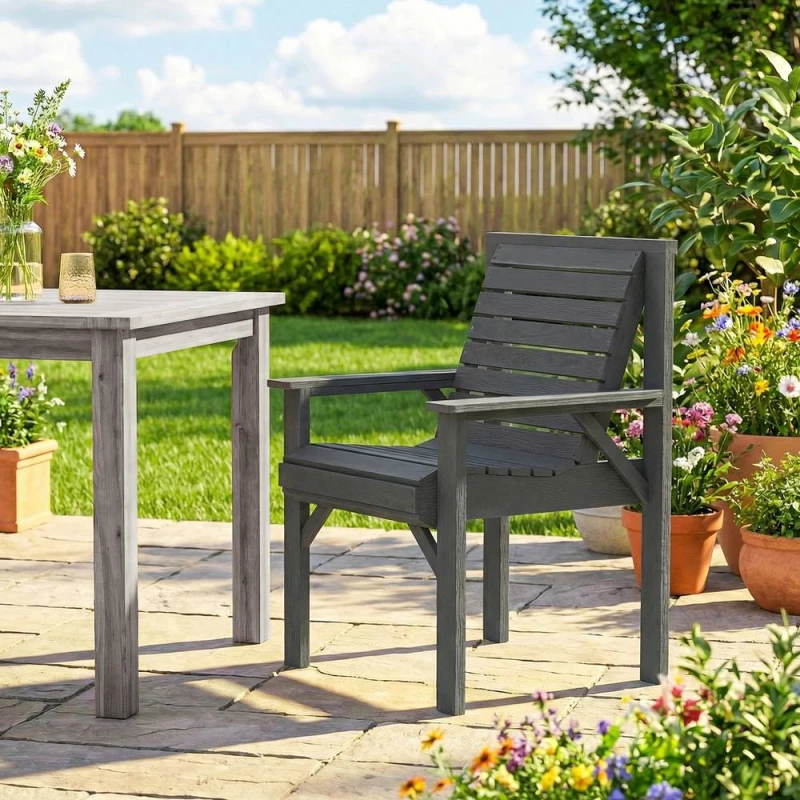 Image of OUTSUNNY Wood Garden Chair Outdoor Dining Chair with Curved Seat in Grey Size: Armchair Grey Unisex Armchair