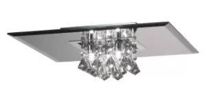 image of Theo Flush Ceiling, 400mm Square, 5 Light G9 Polished Chrome, Smoked Mirror, Smoked Crystal