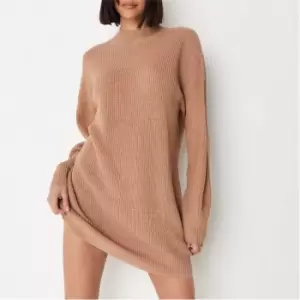 image of Missguided High Neck Rib Knit Mini Dress - Brown