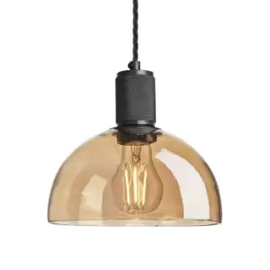 image of Industville Knurled Tinted Glass Dome Pendant Light in Amber with Black Holder