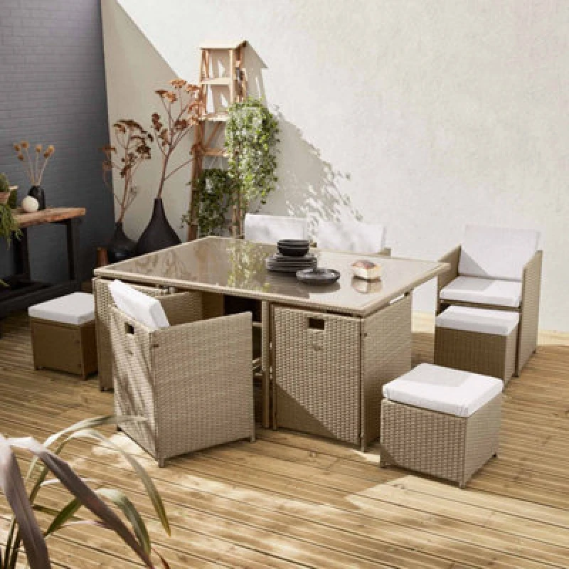 Image of sweeek 6 To 10-seater Rattan Cube Table Set With Chairs Beige