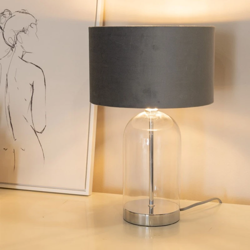 Image of ValueLights ValueLights Jessy Glass with Silver Table Lamp with Grey Velvet & Chrome Inner Shade & Bulb Grey One Size Unisex 5059406061028