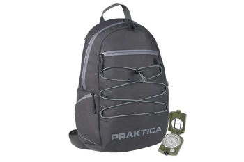 image of PRAKTICA Water-Resistant All Weather Grey Binocular/Camera Backpack with Rain Cover & Military Shockproof Travel Compass