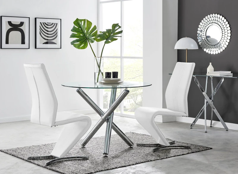 Image of FurnitureboxUK FurnitureboxUK Selina Round Glass And Chrome Metal Dining Table And Luxury Willow Chairs Set in Off White Size: 2 Person Off White 2