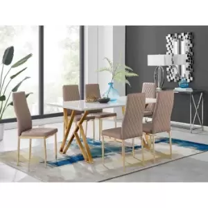 Image of Furniture Box Taranto White High Gloss Dining Table and 6 Cappuccino Gold Leg Milan Chairs