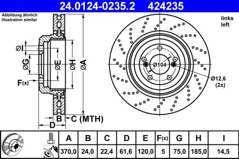 Image of ATE 24.0124-0235.2 Brake disc perforated/vented, Coated, High-carbon, with bolts/screws Brake Disc (82)