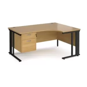 Image of Office Desk Right Hand Corner Desk 1600mm With Pedestal Oak Top With Black Frame 1200mm Depth Maestro 25 MCM16ERP2KO